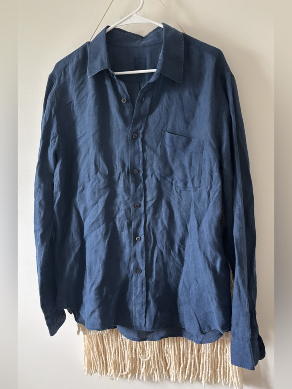 120% Lino Navy Blue Button Down Shirt Long Sleeve Linen Size XL